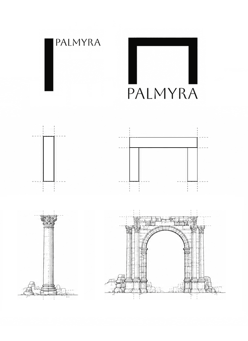 Palmyra logo development, abstracting the column and arch into geometric identity marks