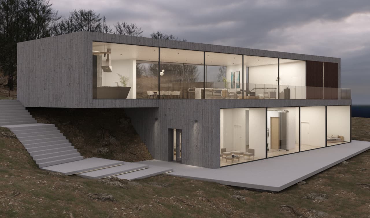 Beach House glazed living spaces opening onto the hillside