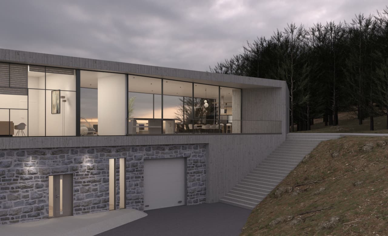 Rear view with stone lower level and glazed upper floor