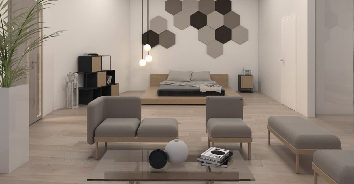 Bedroom and seating area with geometric wall panels