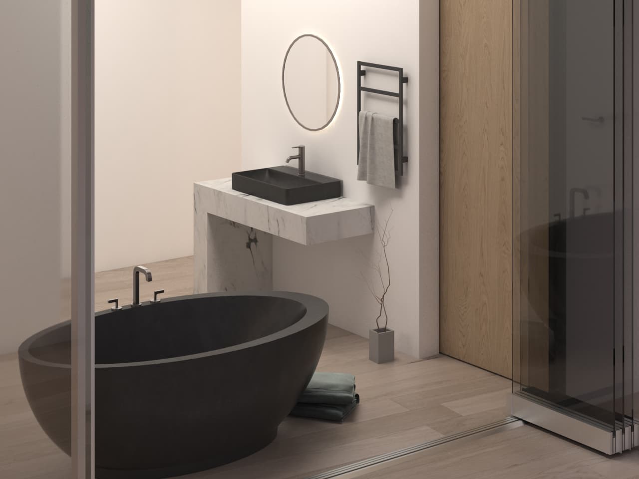 Bathroom with freestanding black bathtub and stone vanity