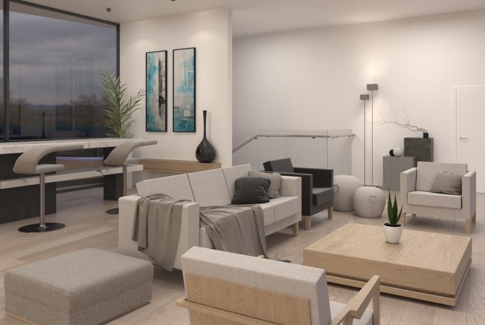 Living room with upholstered seating and full-height glazing