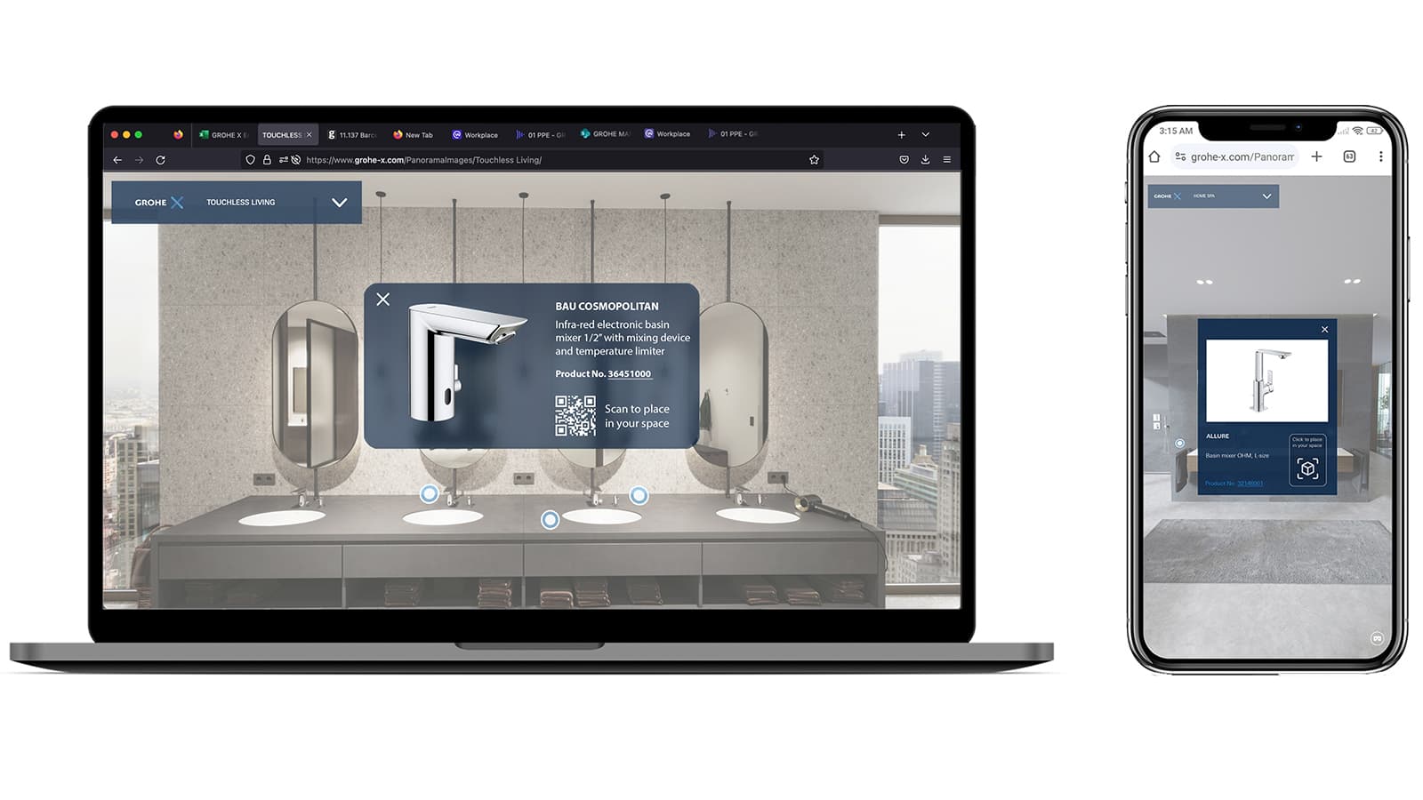 GROHE showroom on a laptop alongside the Scan and Place augmented reality experience on a phone