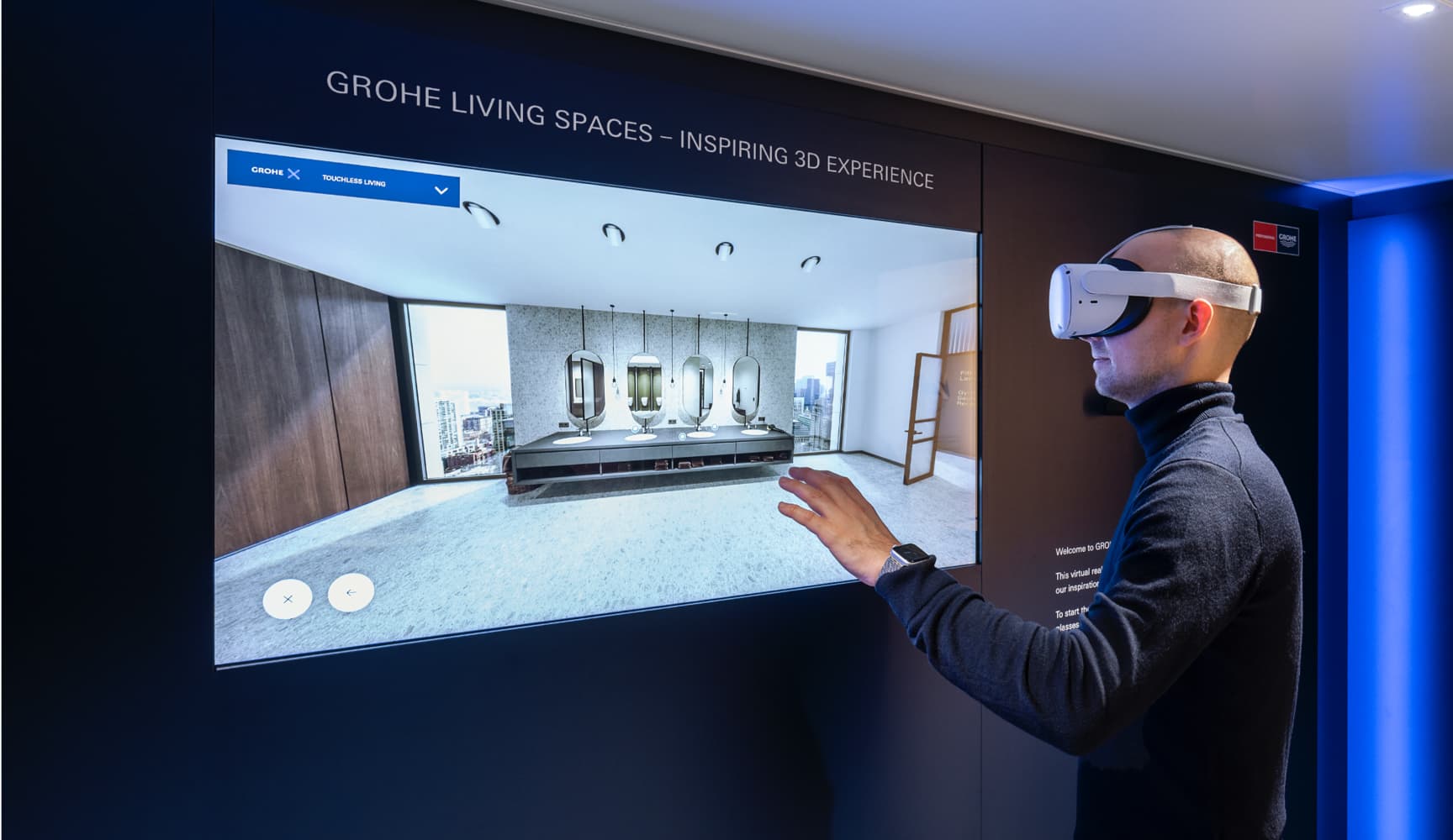A visitor exploring GROHE Living Spaces through a VR headset