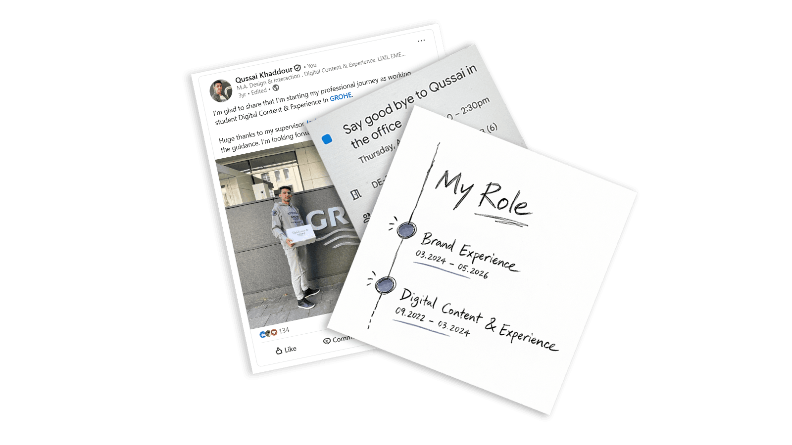 Memories from my journey at GROHE: my joining announcement, farewell invitation, and handwritten role timeline ? Digital Content & Experience, September 2022 to March 2024; Brand Experience, March 2024 to May 2026.