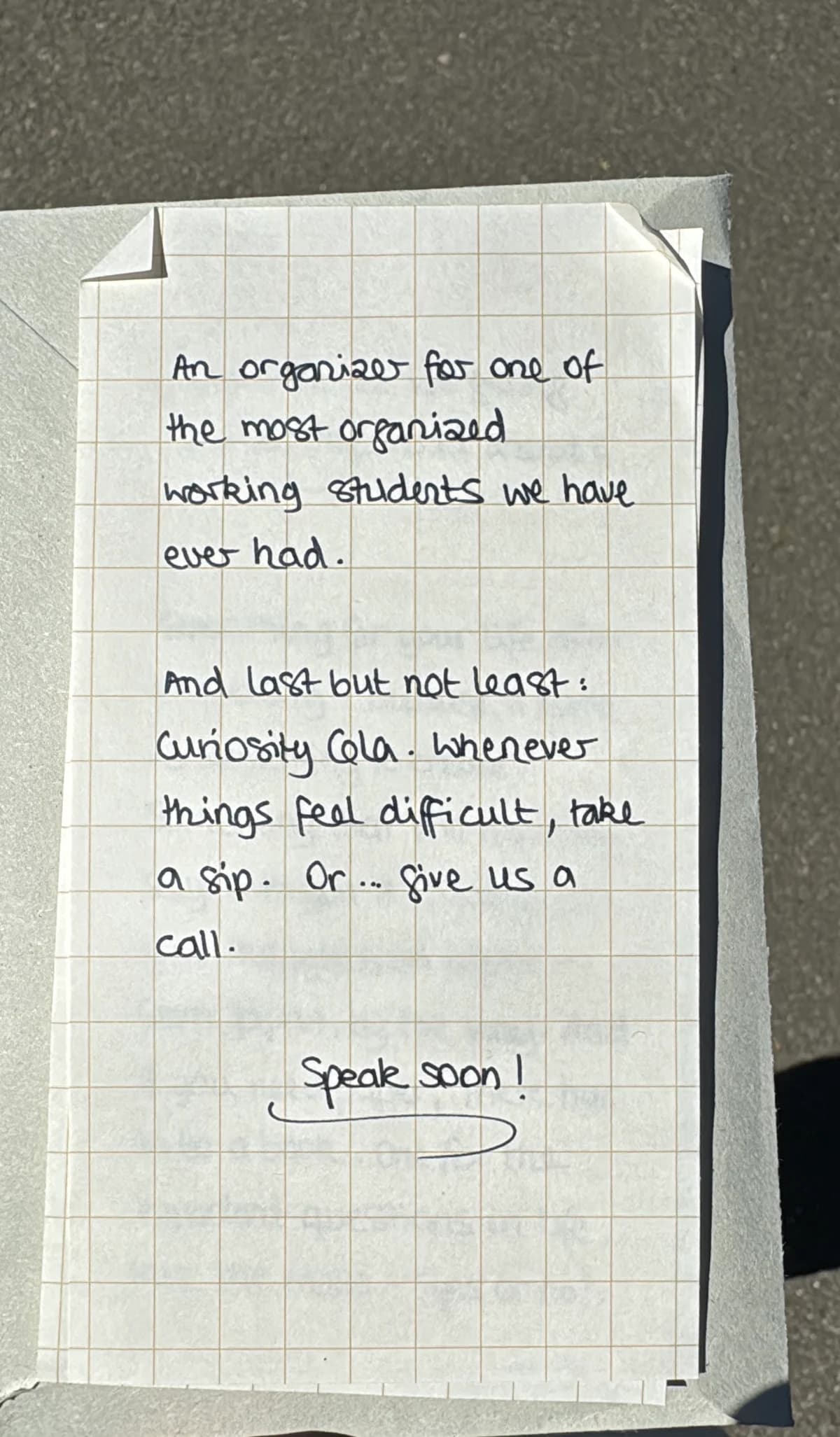 Handwritten message thanking Qussai and inviting him to stay in touch