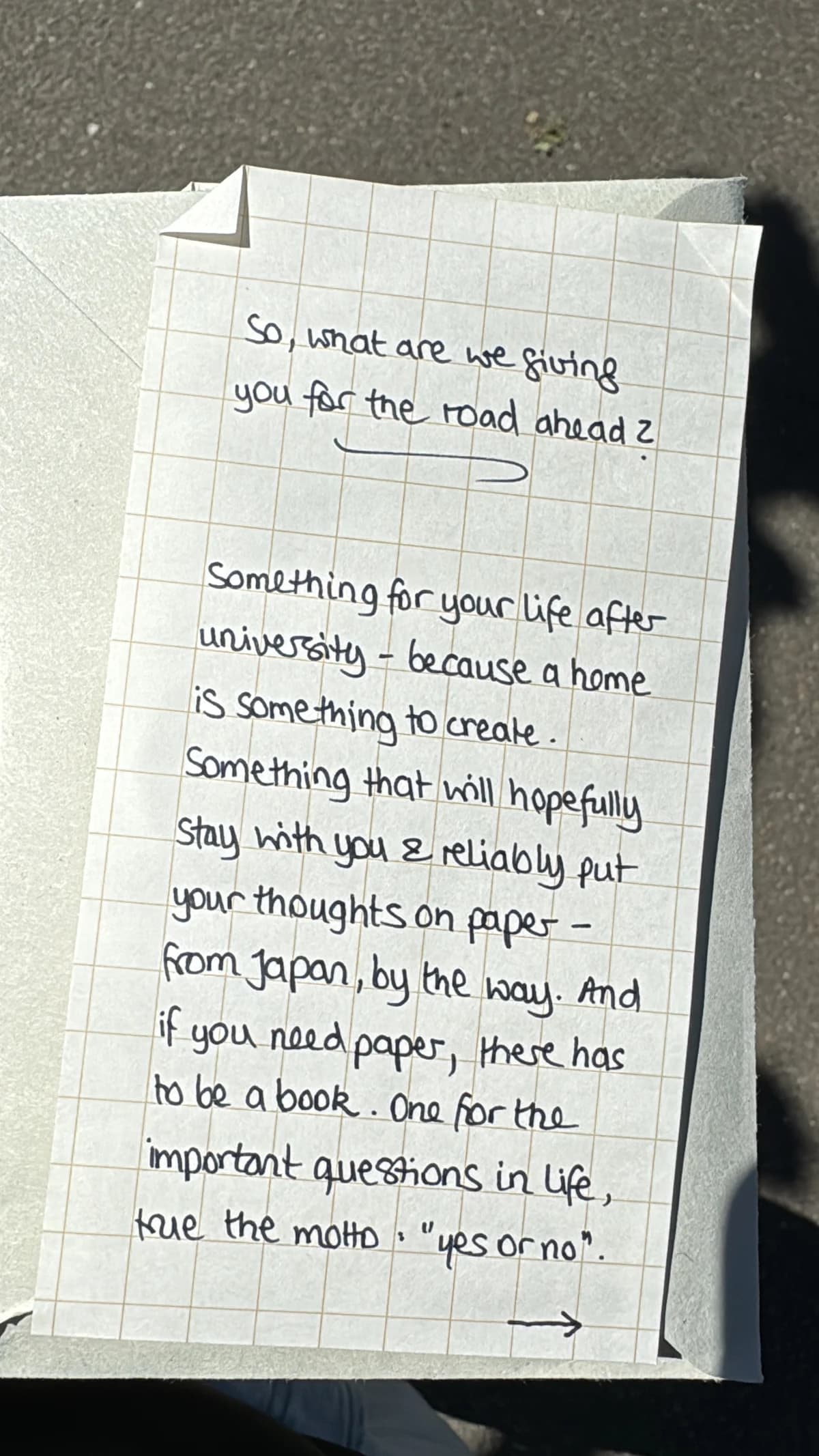Handwritten farewell note describing thoughtful gifts for the road ahead