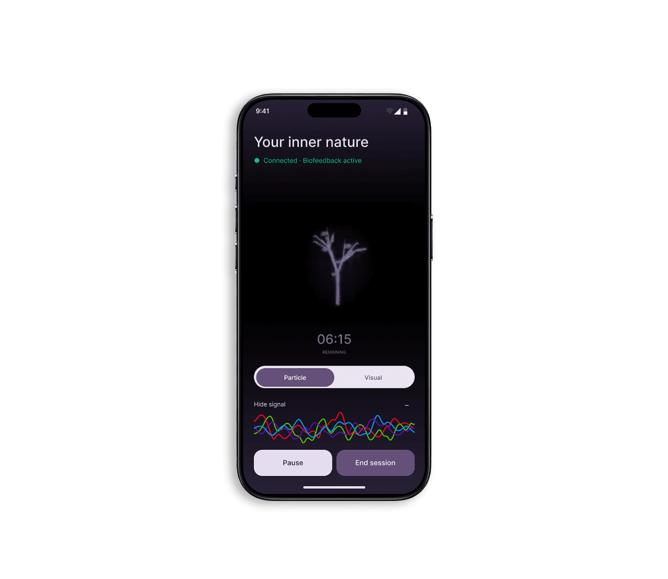 Meditation session in Particle mode with the reactive tree, signal traces, and session controls.