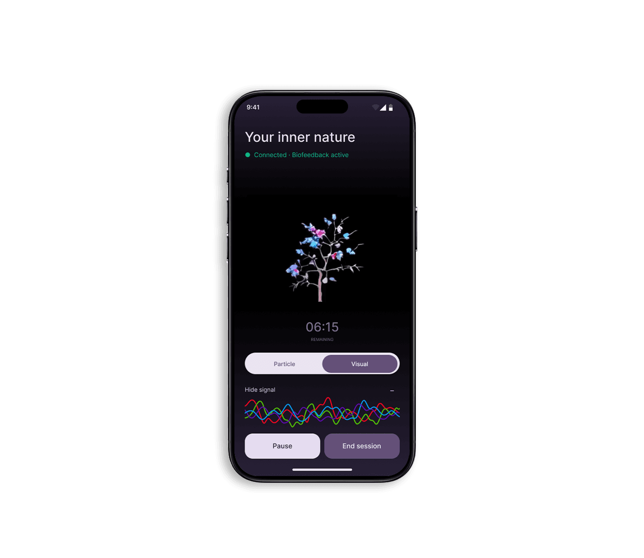 Meditation session in Visual mode with the generated colourful tree.