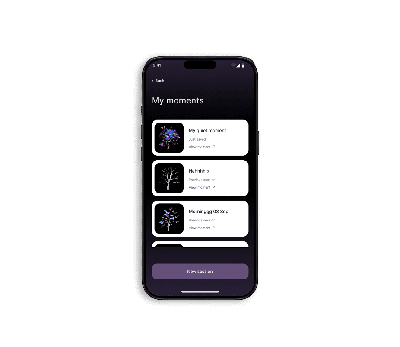 My moments collection showing named saved sessions and a New session button.