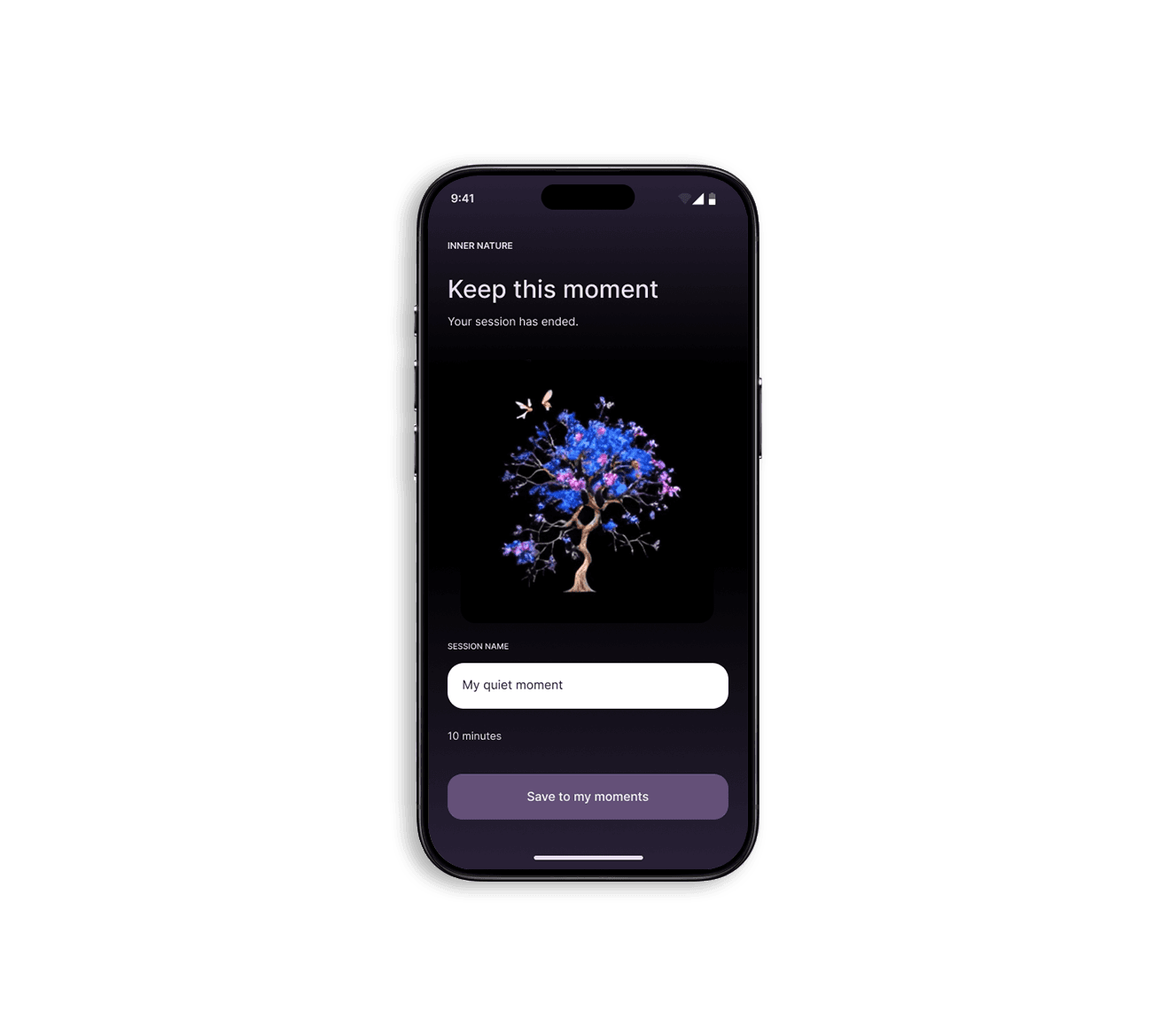 Keep this moment screen with the final tree visual, session name, duration, and Save to my moments button.